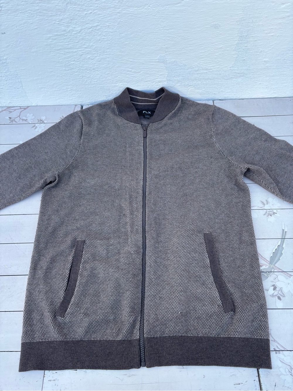 FLX Men's Taupe Zip-Up Knit Bomber Sweater